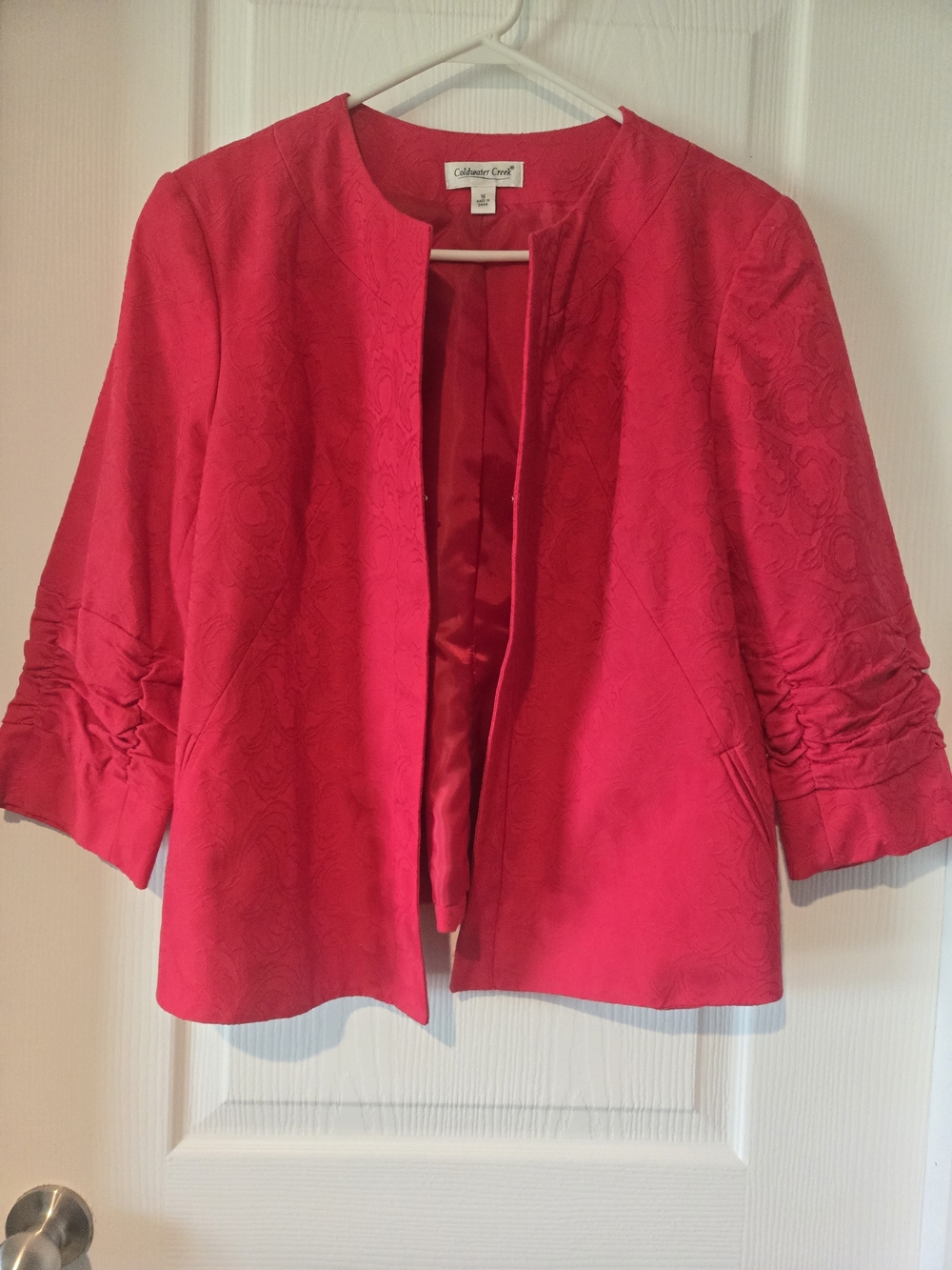 Coldwater Creek Women's Red Collarless Ruched Sleeve Jacket
